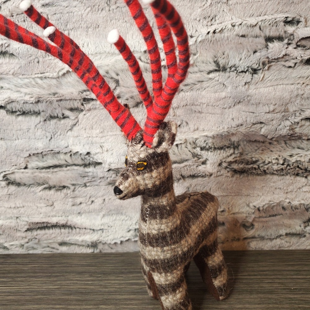Grey Striped Antelope Wool Yarn Decor 13" Animal Figure RED Antlers Holiday Deer